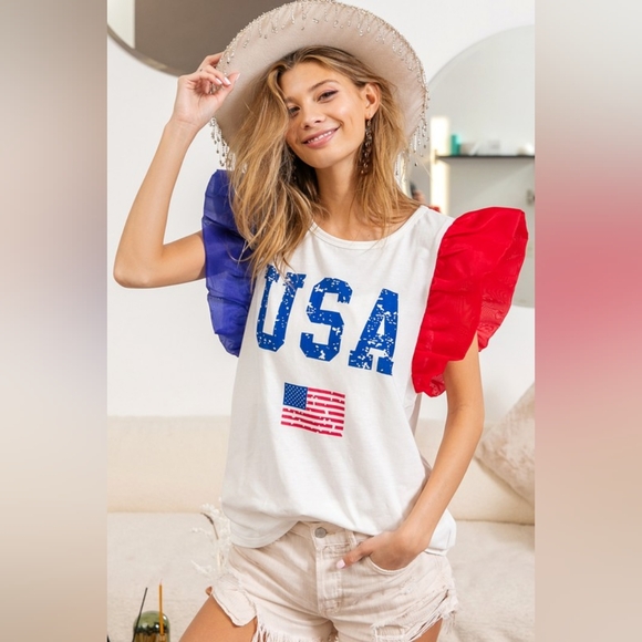 BiBi USA Theme Color Block Organza Ruffle Sleeve Top - Picture 2 of 8